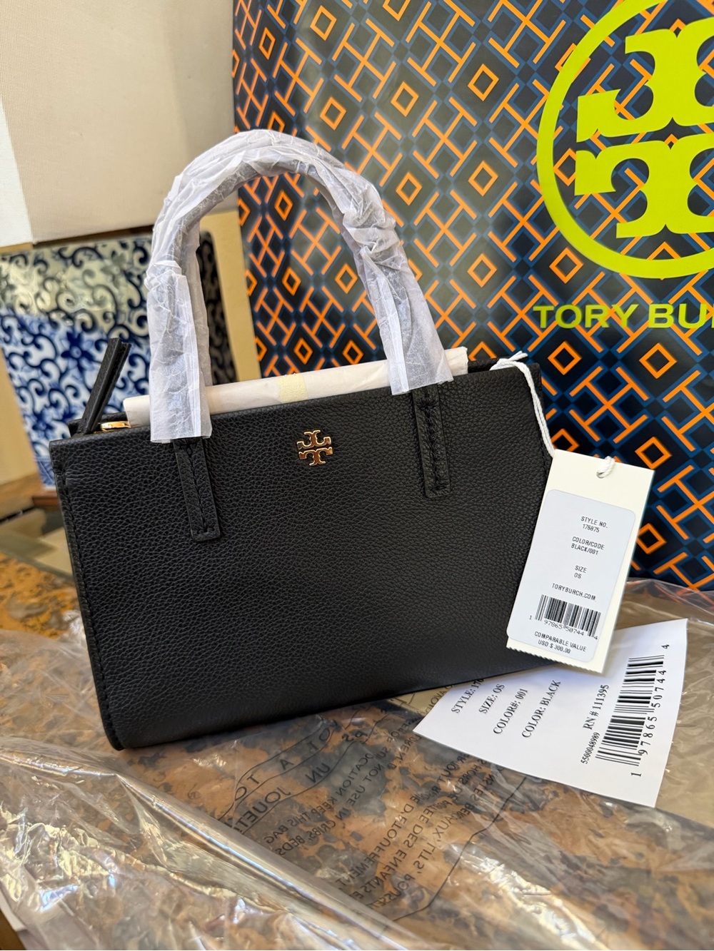 Tory Burch Black Pebbled Leather Mini Tote with Gold Logo